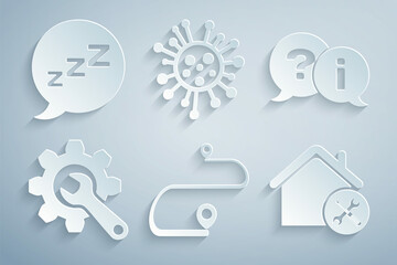 Set Route location, Question and Exclamation, Wrench gear, House service, Bacteria and Speech bubble with snoring icon. Vector