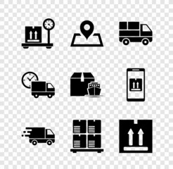 Set Scale with cardboard box, Placeholder on map, Delivery truck boxes, in movement, Cardboard pallet, traffic, and clock and Cargo ship icon. Vector