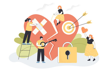 Tiny vulnerable characters repairing broken heart. Man and women breaking up and experiencing bad emotions flat vector illustration. Love failure, relationship, sensitive people concept