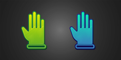 Obraz premium Green and blue Rubber gloves icon isolated on black background. Latex hand protection sign. Housework cleaning equipment symbol. Vector