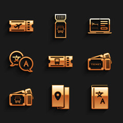 Set Bus ticket, Cover book travel guide, Translator, Ticket, Online hotel booking and Airline icon. Vector