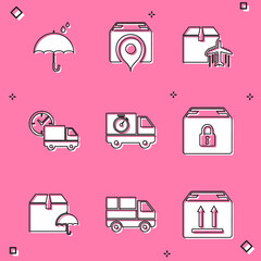 Set Umbrella and rain drops, Location with cardboard box, Plane, Delivery truck clock, stopwatch, Locked package, umbrella and boxes icon. Vector