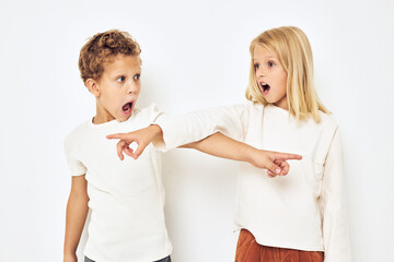 little cheerful cheery friends smile posing casual wear light background