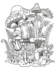 Difers mushrooms grow on the stump and around next to wild flowers. Vector coloring page for adult
