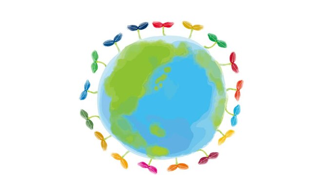 SDGsイメージの水彩の地球と双葉のアニメーション（北半球）