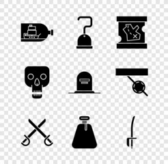 Set Bottle with ship inside, Pirate hook, treasure map, Crossed pirate swords, sack, Skull and Tombstone RIP written icon. Vector