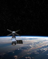 Cargo space craft and Earth planet. Dark background. Sci-fi wallpaper.Space Station Orbiting...