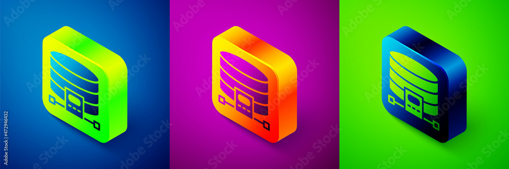 Aufkleber isometric cloud database icon isolated on blue, purple and green background. cloud computing concept