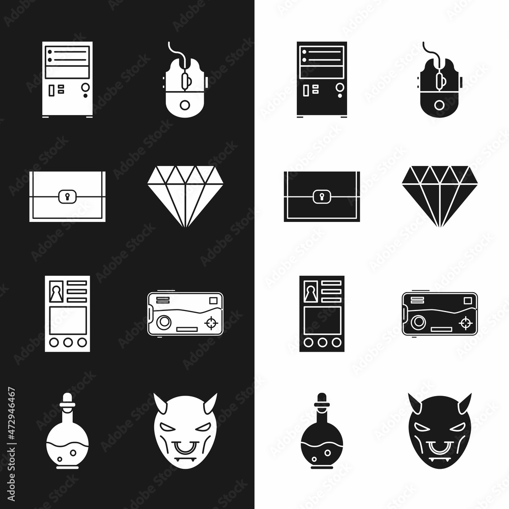 Poster set diamond, chest for game, computer, mouse gaming, create account screen, mobile and playing, mask