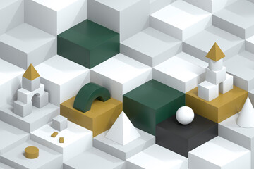 Isometric scene with white, gold and green geometric shapes. An abstract view of architecture, urban environment, creativity, sustainable design. 3d rendering of the background.