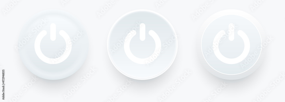 Aufkleber White power buttons, Swich white gray buttons in neomorphism design style with shadow. 3d ui stop and start toggle button for navigation in apps. Neomorphic trendy designs vector illustration.