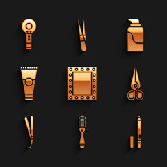 Set Makeup mirror with lights, Hairbrush, Eyeliner, eyebrow, Scissors, Curling iron, Lotion cosmetic tube, Cream and dryer icon. Vector