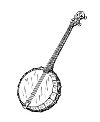 American banjo isolated retro musical instrument. Vector four string banjo guitar, chordal accompaniment. Hand drawn sketch Banjo on a white background. - obrazy, fototapety, plakaty