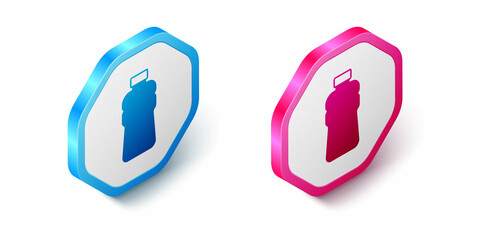 Isometric Bottle of water icon isolated on white background. Soda aqua drink sign. Hexagon button. Vector