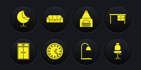Set Wardrobe, Office desk, Clock, Table lamp, Interior fireplace, Sofa, chair and Armchair icon. Vector