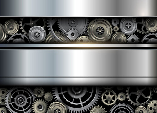 Silver machinery technology background, metal cog and gears industrial modern design, vector illustration.