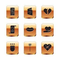 Set Mobile with heart, Quiver and arrows, Lollipop, Smiling lips, Envelope Valentine, Broken, Candy shaped box and Valentines day flyer icon. Vector