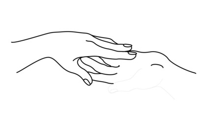 Two hands. Romantic touch of palms of lovers, symbol of family protection, love vector illustration concept of togetherness and safety isolated on white background. Hand in hand. Loving each other.