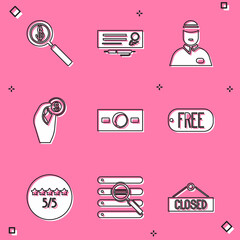 Set Magnifying glass and dollar, Bank check pen, Seller, Hand holding coin money, Paper cash, Price tag with text Free, Consumer or customer product rating and Search browser window icon. Vector
