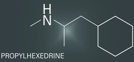 Propylhexedrine molecule. Used as nasal decongestant and stimulant. Skeletal formula.