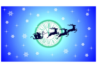 A magical card on which Santa Claus flies in a reindeer sleigh against the background of a clock that shows five minutes to midnight, Christmas time