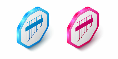 Isometric Pan flute icon isolated on white background. Traditional peruvian musical instrument. Folk instrument from Peru, Bolivia and Mexico. Hexagon button. Vector