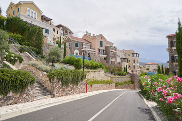 Peaceful modern neighborhood with cute houses in european city