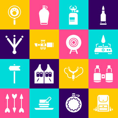 Set Hiking backpack, Binoculars, Camping gas stove, Sniper optical sight, Bird footprint, Paw search and Target sport icon. Vector