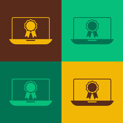 Pop art Online education with diploma icon isolated on color background. Diploma online at home. Webinar and video seminar learning. Vector