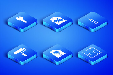 Set House plan, key, Search house, Paint roller brush, with percant discount and Skyscraper icon. Vector