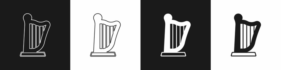 Set Harp icon isolated on black and white background. Classical music instrument, orhestra string acoustic element. Vector