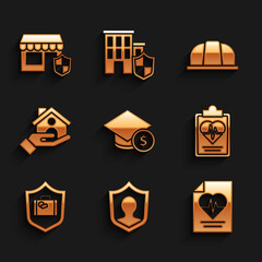 Set Graduation cap and coin, Life insurance with shield, Health, Travel suitcase, House, Worker safety helmet and Shopping building icon. Vector