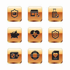 Set Travel suitcase with shield, Wallet, Lifebuoy, Health insurance, Piggy bank, and Shopping building icon. Vector