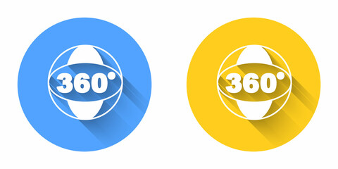 White 360 degree view icon isolated with long shadow background. Virtual reality. Angle 360 degree camera. Panorama photo. Circle button. Vector