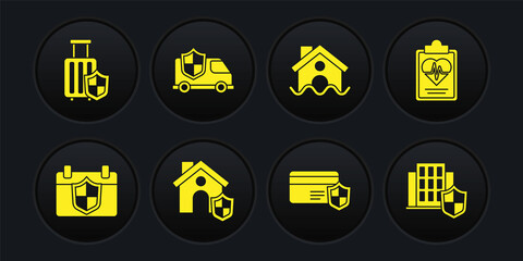 Set Calendar with shield, Health insurance, House, Credit card, flood, Car, and Travel suitcase icon. Vector