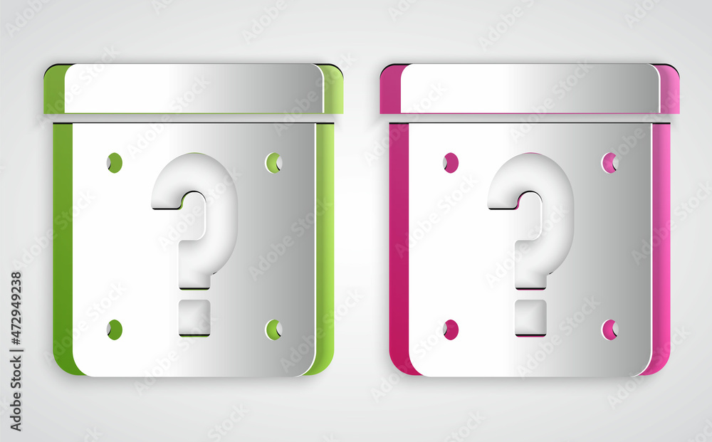 Poster paper cut mystery box or random loot box for games icon isolated on grey background. question mark. 