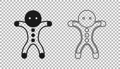 Black Holiday gingerbread man cookie icon isolated on transparent background. Cookie in shape of man with icing. Vector