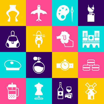 Set Windmill, Macaron cookie, Notre Dame, Paint brush with palette, Scooter, Handbag, Frog legs and Poodle dog icon. Vector