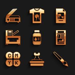 Set Printer ink bottle, Stamp, Paint brush, News, CMYK color mixing, Copy machine, File document and Scanner icon. Vector