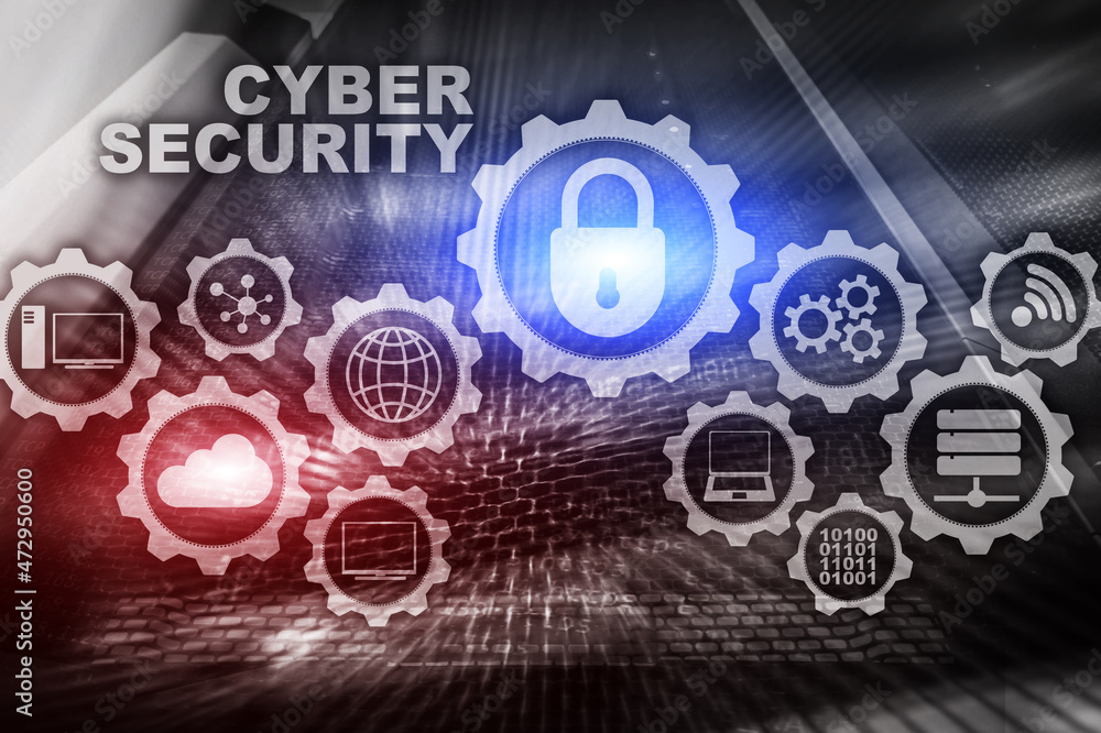 Poster cyber security network. data protection privacy concept on datacenter background