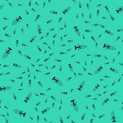 Black Syringe icon isolated seamless pattern on green background. Syringe for vaccine, vaccination, injection, flu shot. Medical equipment. Vector