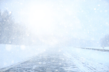 winter highway snowfall background fog poor visibility