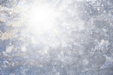 frost patterns on window glass, abstract background winter rime snow