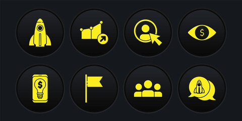 Set Light bulb with dollar on mobile, Eye, Location marker, Users group, Create account screen, Financial growth, Startup project concept and icon. Vector