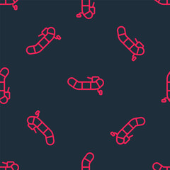 Red line Inflatable boat with outboard motor icon isolated seamless pattern on black background. Vector