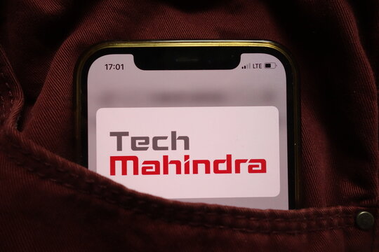 KONSKIE, POLAND - September 15, 2021: Tech Mahindra Limited logo on mobile phone hidden in jeans pocket