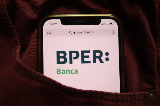KONSKIE, POLAND - September 15, 2021: BPER Banca SpA logo on mobile phone hidden in jeans pocket
