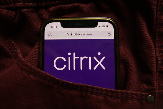 KONSKIE, POLAND - September 15, 2021: Citrix Systems Inc logo on mobile phone hidden in jeans pocket