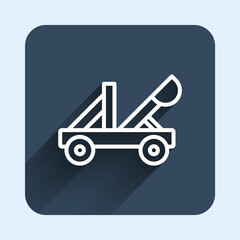 White line Old medieval wooden catapult shooting stones icon isolated with long shadow background. Blue square button. Vector