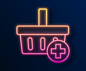 Glowing neon line Add to Shopping basket icon isolated on black background. Online buying concept. Delivery service. Supermarket basket symbol. Vector